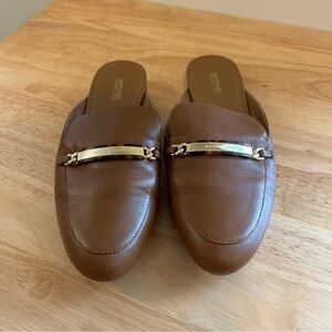 Michael Kors Brown MK Women Shoes Heeled Mule Loafer Gold Accent Work Casual 8.5